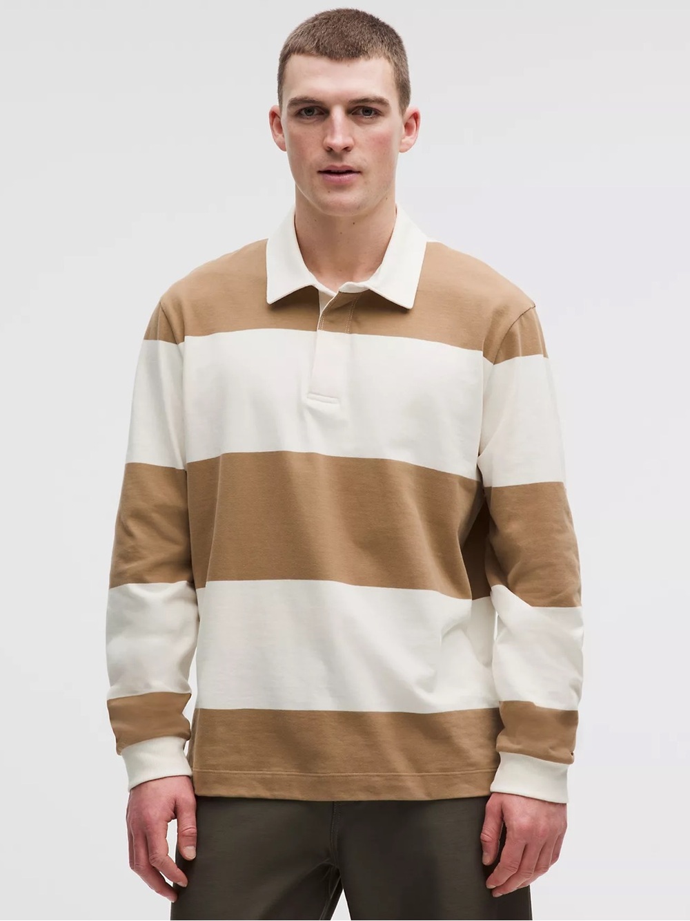Lululemon Cotton Rugby Shirt ColourWide Stripe Camel Brown Coconut Ivory